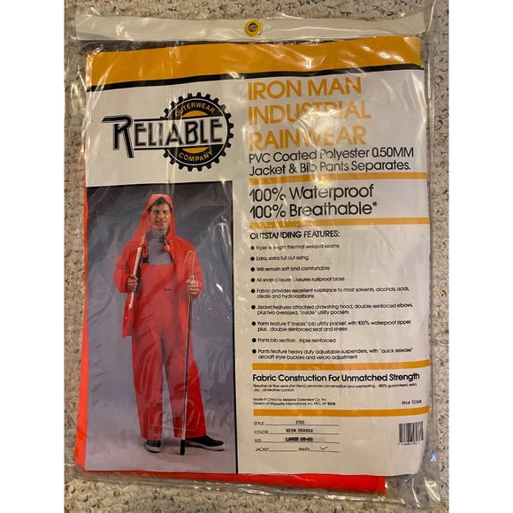 Reliable Outerwear Iron Man Industrial Rainwear Bib Pants Neon Orange Large New - Picture 6 of 9